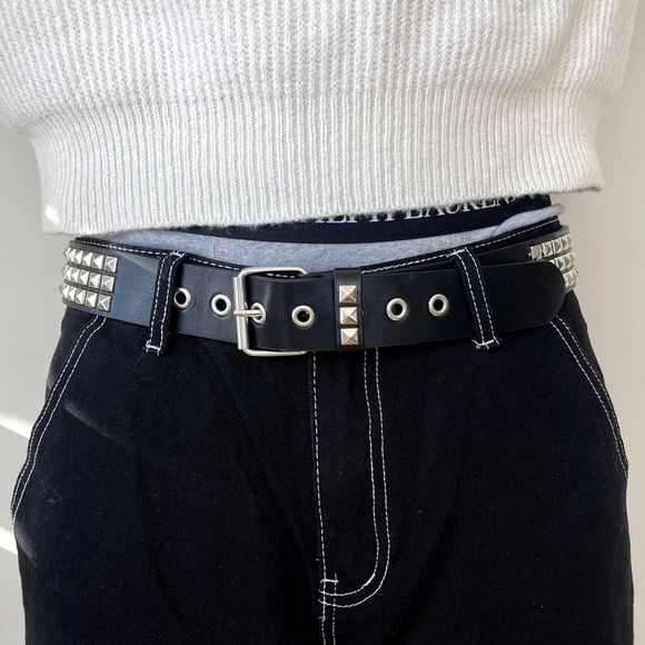 y2k 2000s classic pyramid studded black and silver goth emo belt - Picture 8 of 8